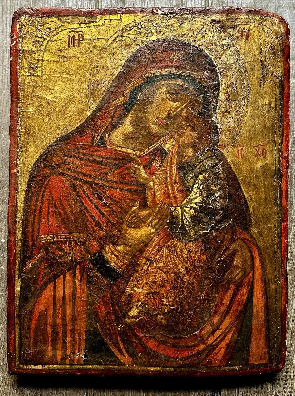 Ancienne Icône Russe Orthodoxe Portrait Vierge Enfant Jésus Peinture Religieuse