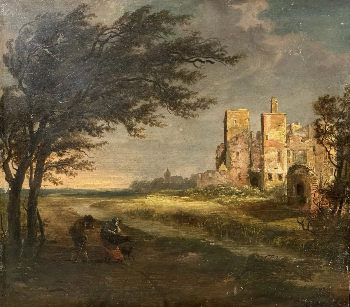 École Italienne fin XVII Paysage à la ruine tableau ancien huile sur panneau