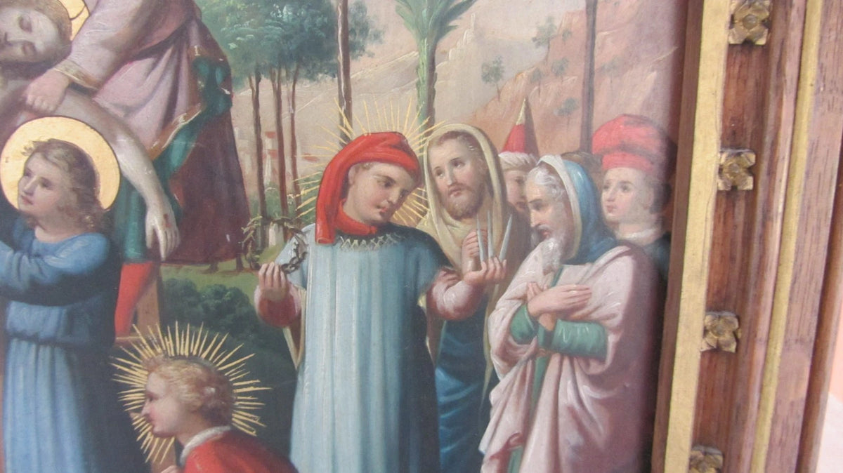 tableau, Huile sur PANNEAU ZINC , Scène Religieuse , Descente De Croix , 19eme
