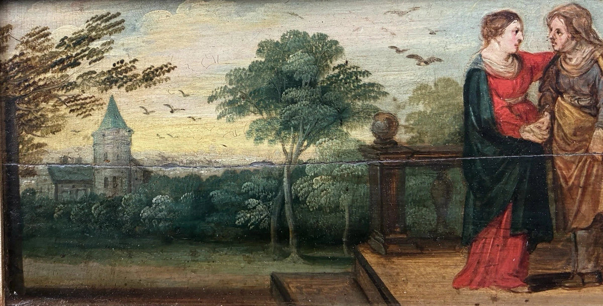 Tableau Ancien Huile Scène Religieuse La Vierge en Visite Chez Anne Début XVIIe