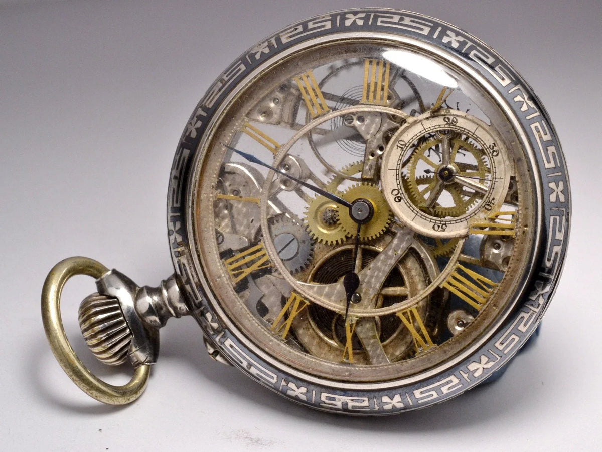 MONTRE ANCIENNE RARE GOUSSET SQUELETTE ARGENT NIELLO 1900 VINTAGE POCKET WATCH