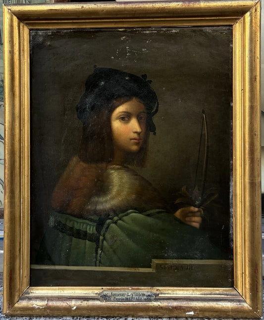 Tableau Ancien Huile Portrait Joueur de Violon Homme Renaissance Raphael XIXe
