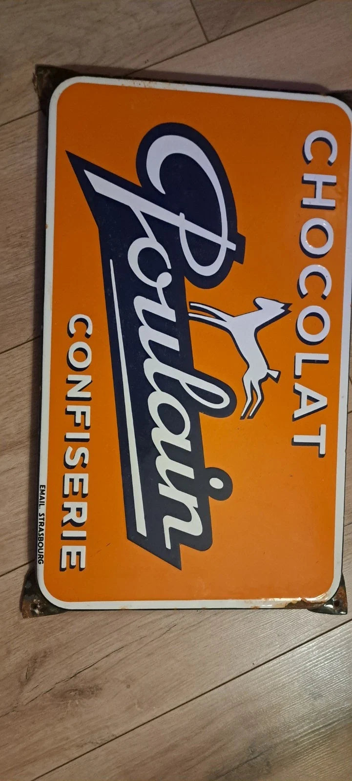 Plaque émaillée publicitaire ancienne chocolat poulain