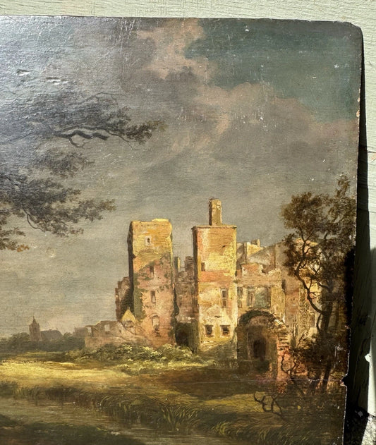 École Italienne fin XVII Paysage à la ruine tableau ancien huile sur panneau