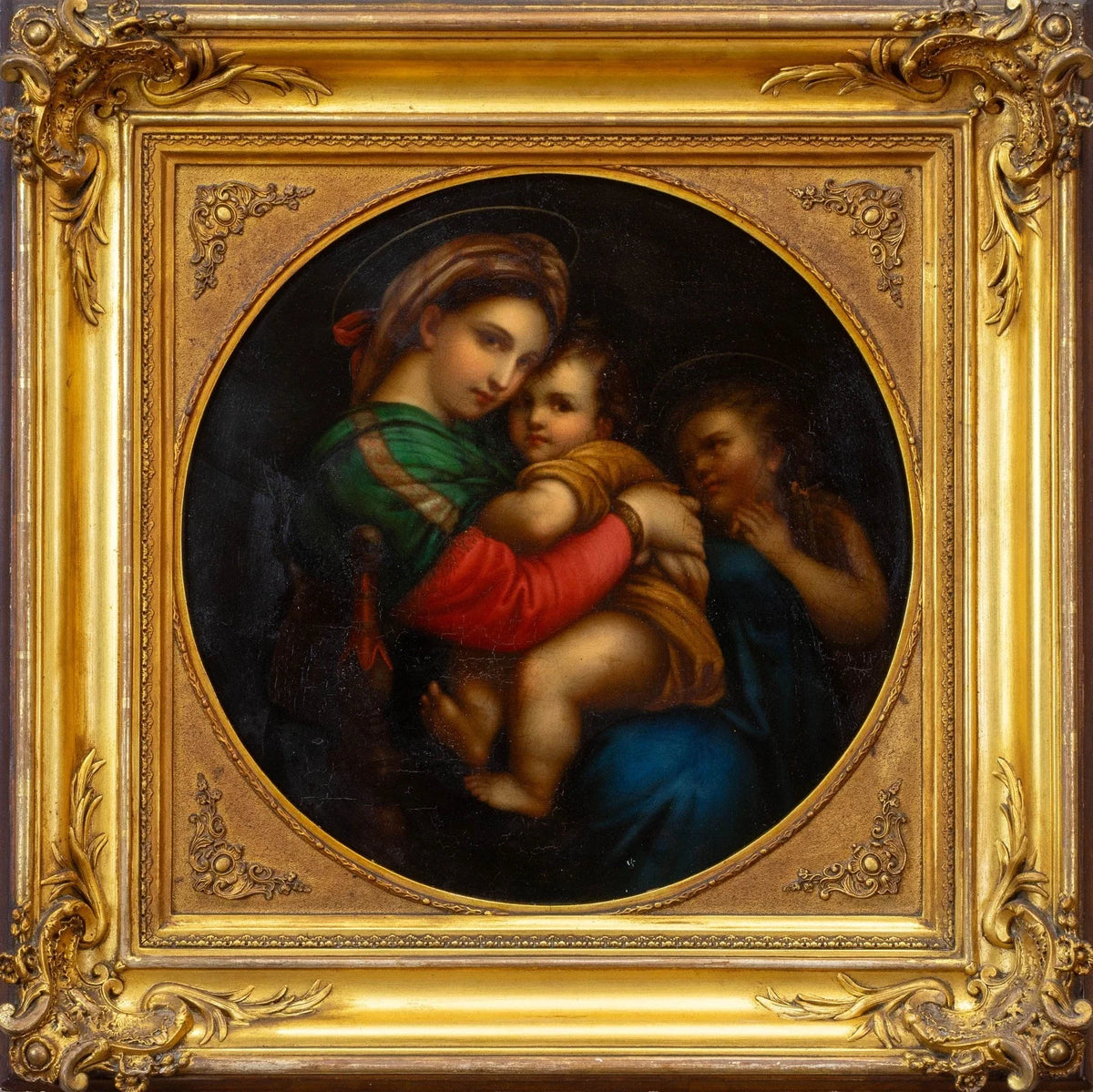 XIXème Huile Tondo sur cuivre d'après le vieux maître italien Raphaël  Cadre doré ancien