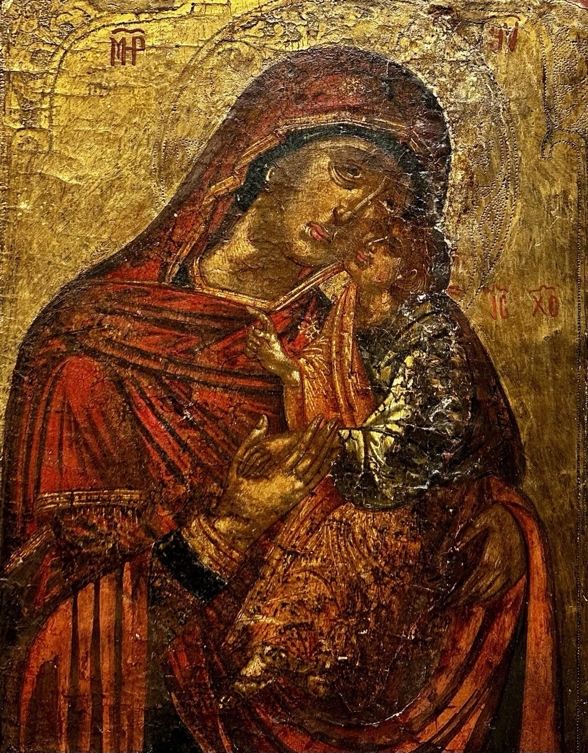 Ancienne Icône Russe Orthodoxe Portrait Vierge Enfant Jésus Peinture Religieuse