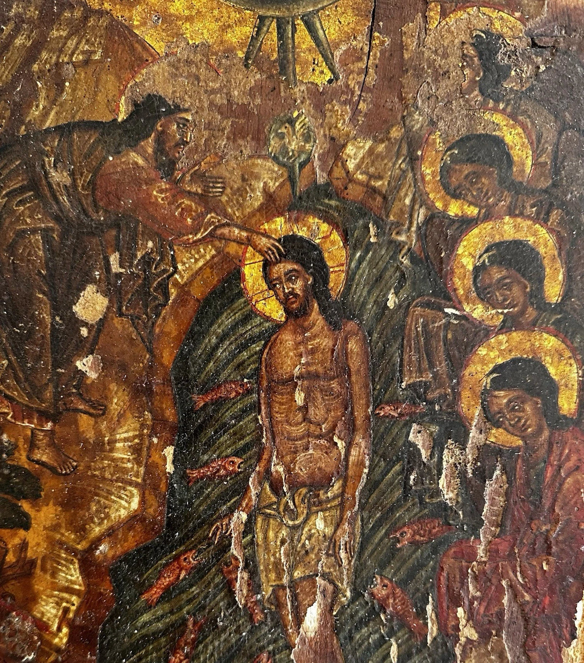 Ancienne Icône Religieuse Baptême Jésus Christ Peinture Tempera Doré Crête 17ème