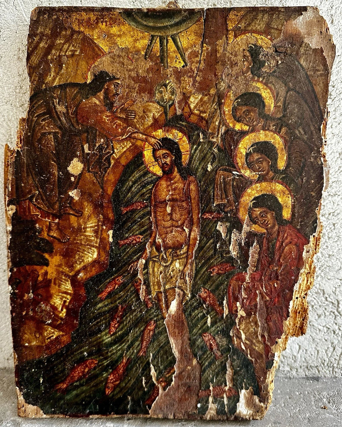 Ancienne Icône Religieuse Baptême Jésus Christ Peinture Tempera Doré Crête 17ème