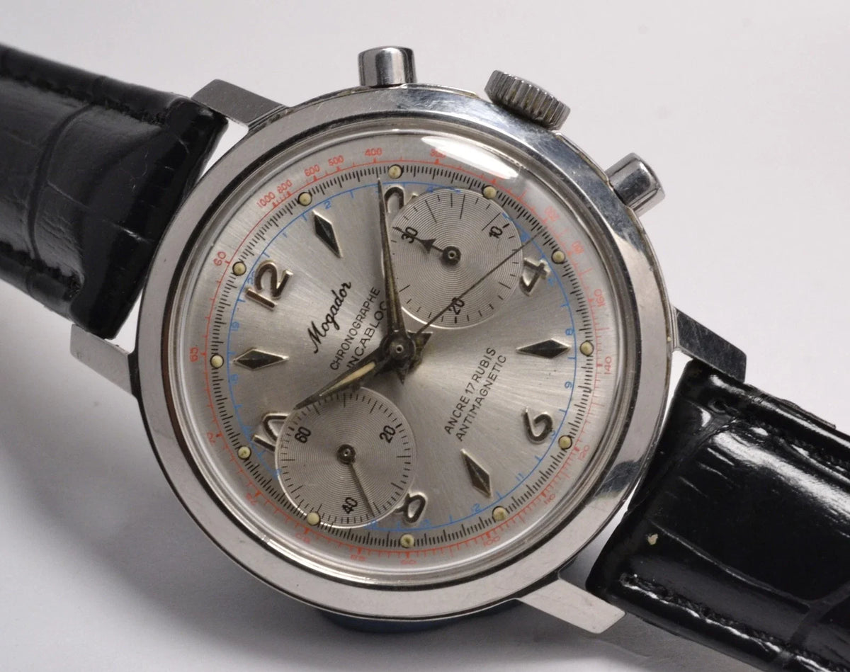 MONTRE CHRONOGRAPHE SUISSE MOGADOR ACIER LANDERON 1960 VINTAGE WATCH