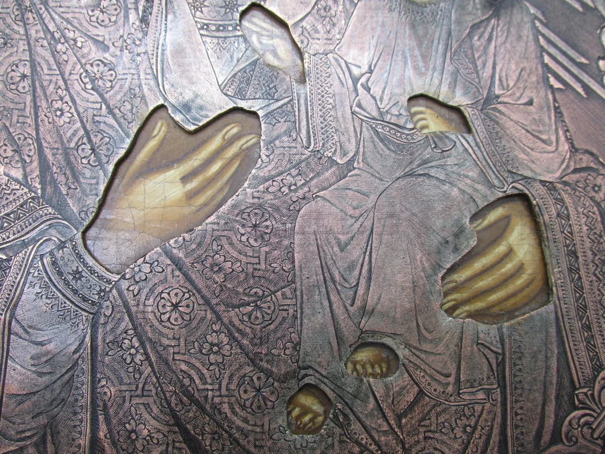 Icône ancienne de l'empire russe en argent massif et bois peint à la main, 28x24cm, circa 1880