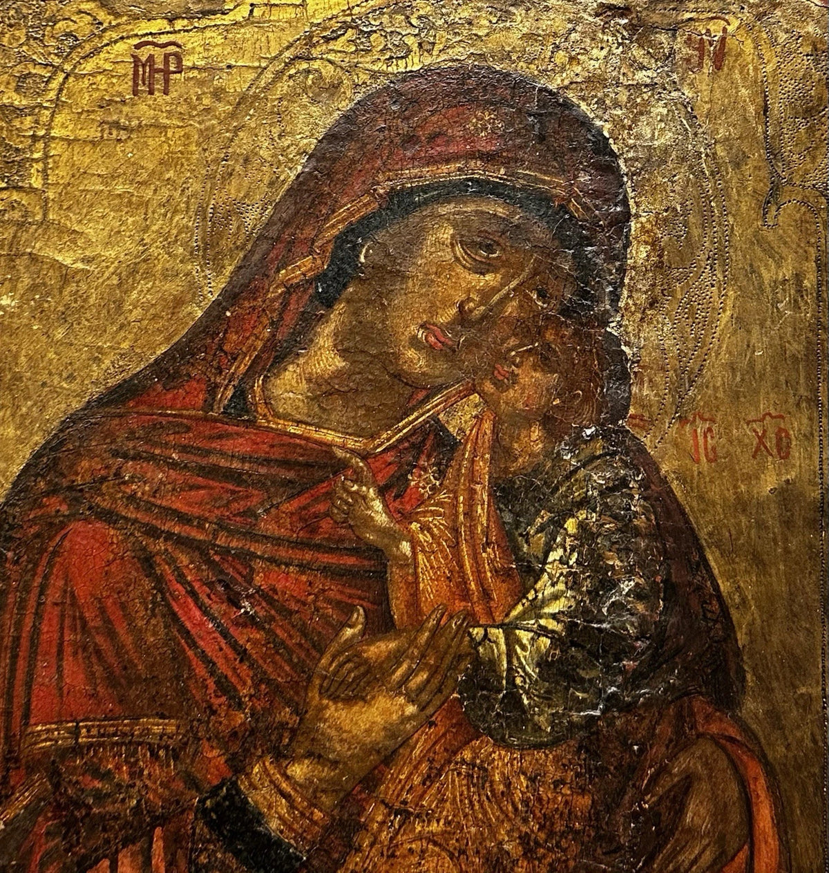 Ancienne Icône Russe Orthodoxe Portrait Vierge Enfant Jésus Peinture Religieuse