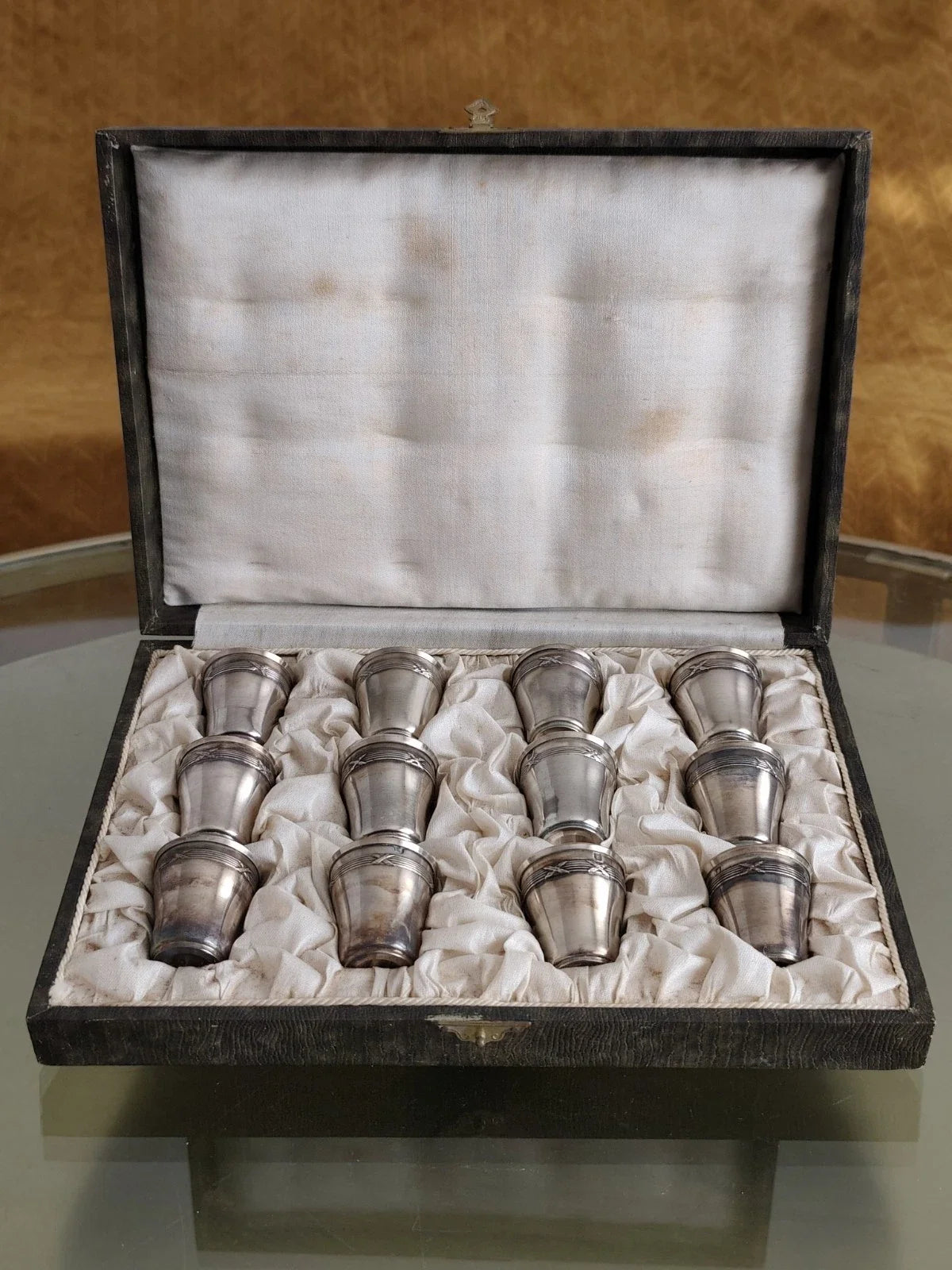 Ancien Coffret Verres  à Liqueur Argent Massif Poinçon Minerve XIXe