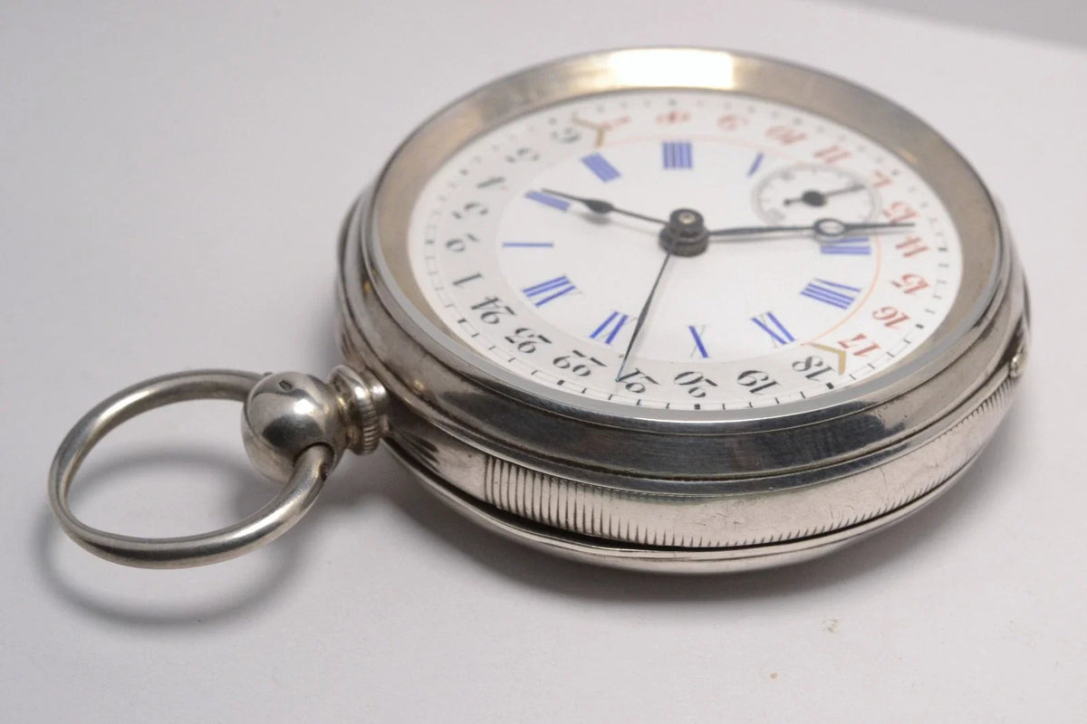 MONTRE GOUSSET ARGENT 3 AIGUILLES 12H ET 24H VINTAGE 1890 POCKET WATCH
