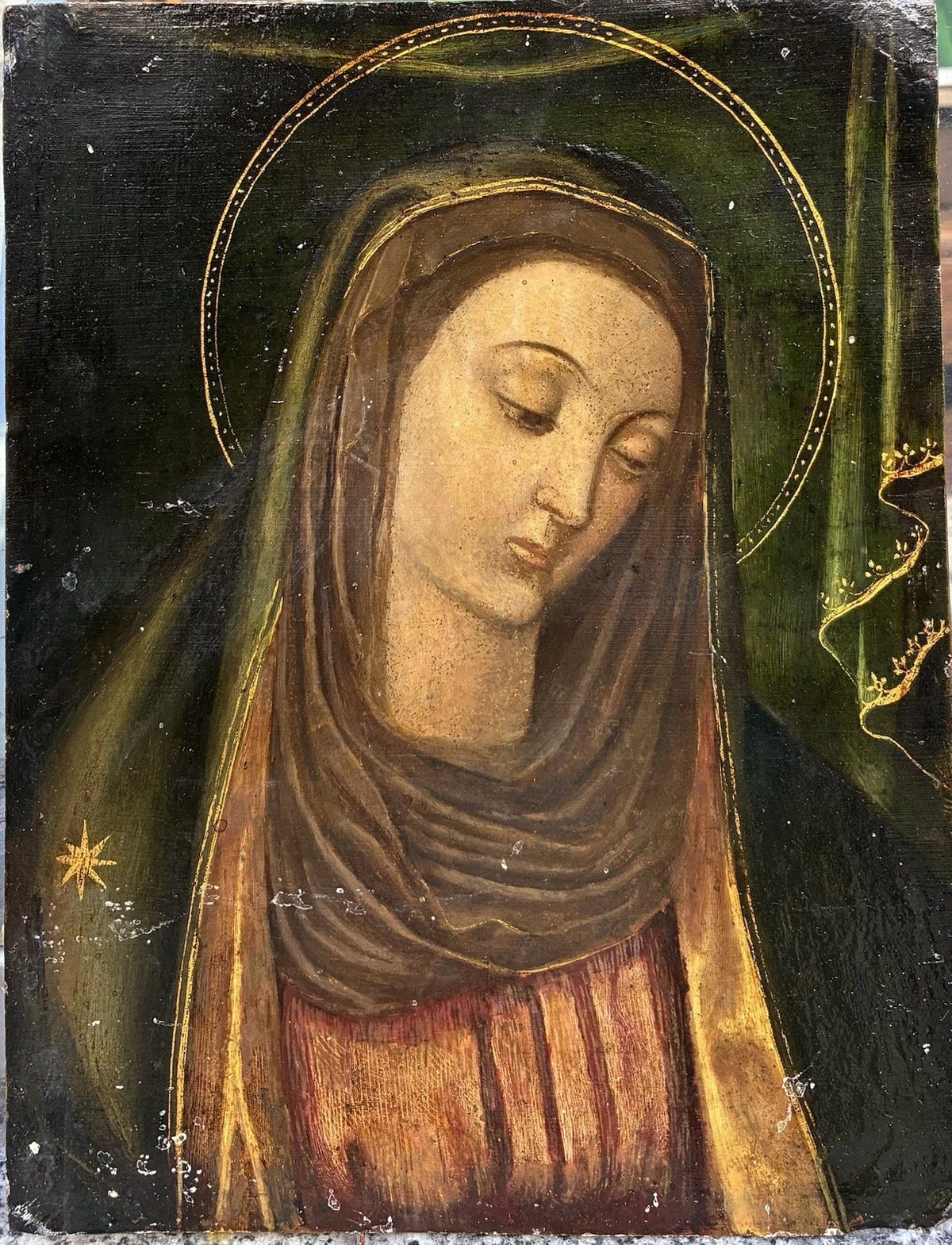 Tableau Religieux Ancien Huile Cuivre Portrait Vierge Renaissance XVIe-XVIIe