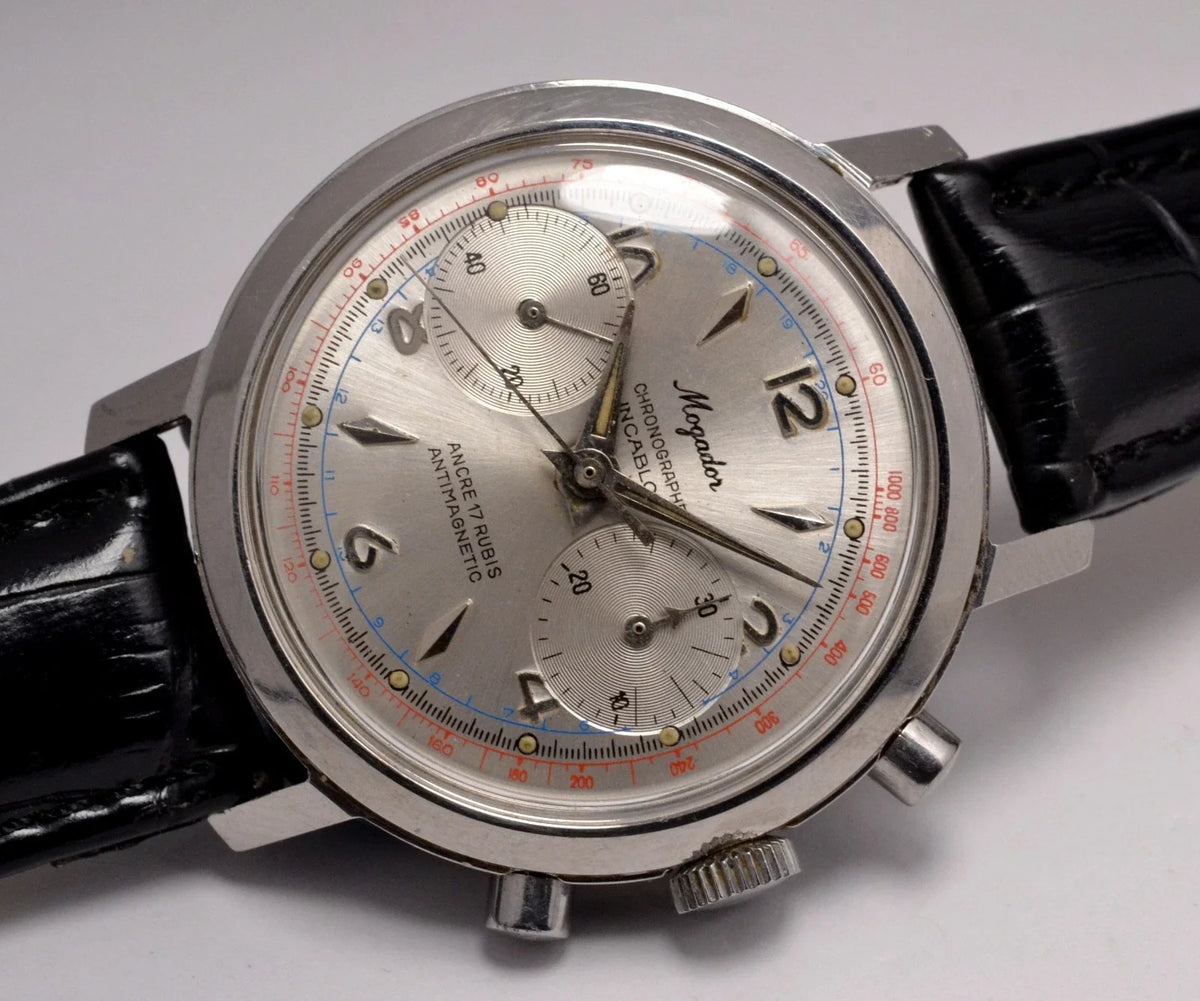 MONTRE CHRONOGRAPHE SUISSE MOGADOR ACIER LANDERON 1960 VINTAGE WATCH