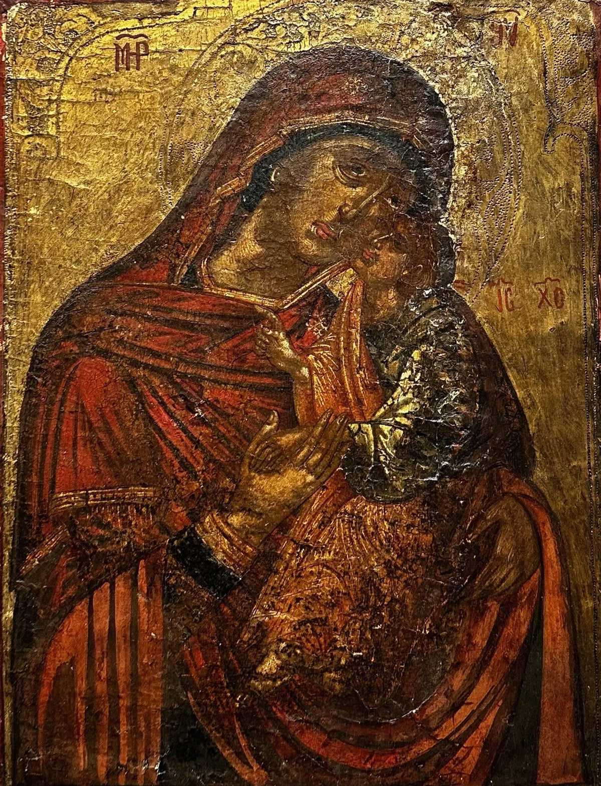 Ancienne Icône Russe Orthodoxe Portrait Vierge Enfant Jésus Peinture Religieuse