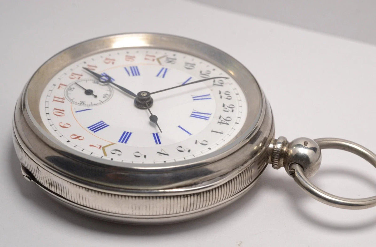 MONTRE GOUSSET ARGENT 3 AIGUILLES 12H ET 24H VINTAGE 1890 POCKET WATCH