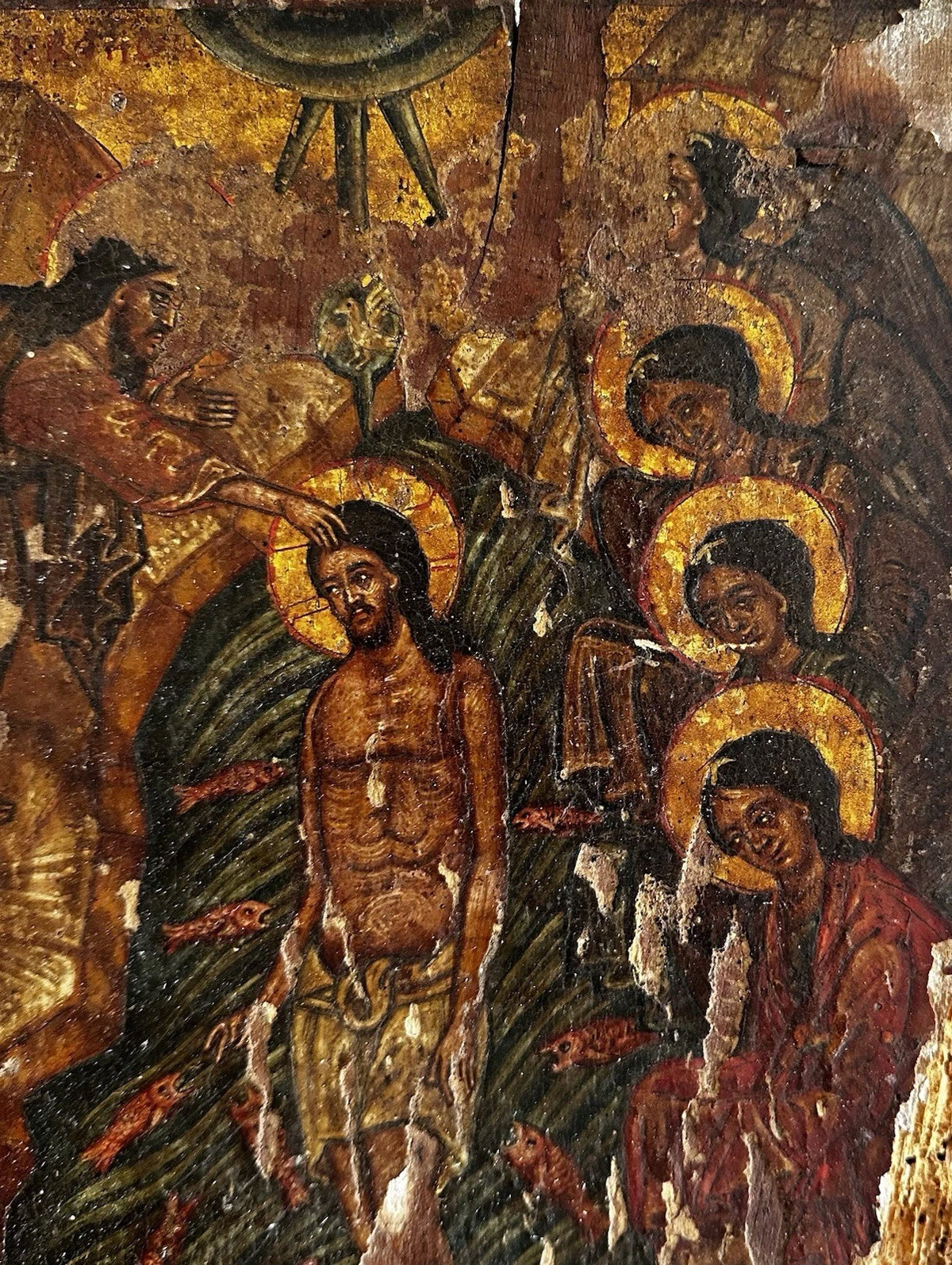 Ancienne Icône Religieuse Baptême Jésus Christ Peinture Tempera Doré Crête 17ème