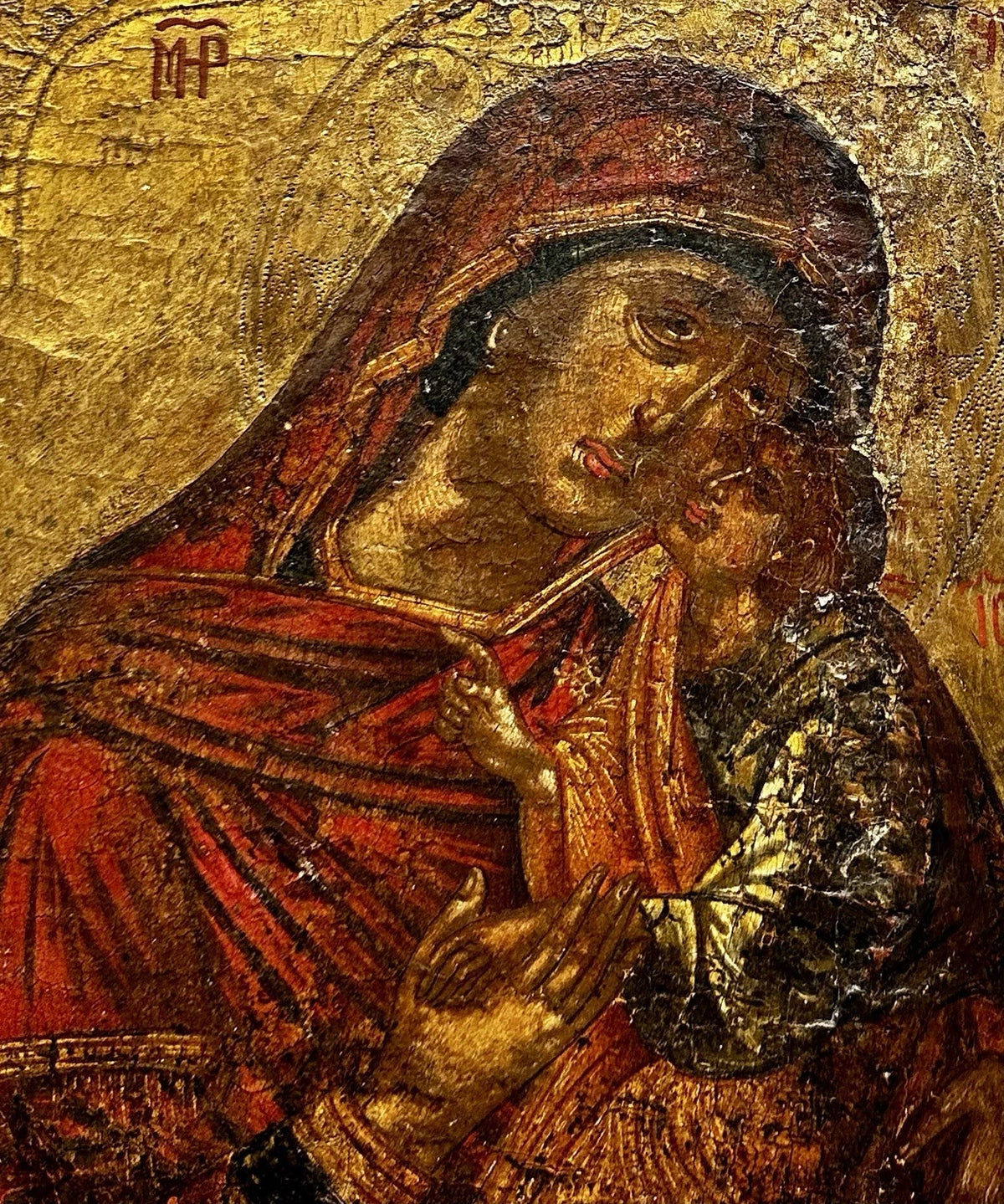 Ancienne Icône Russe Orthodoxe Portrait Vierge Enfant Jésus Peinture Religieuse