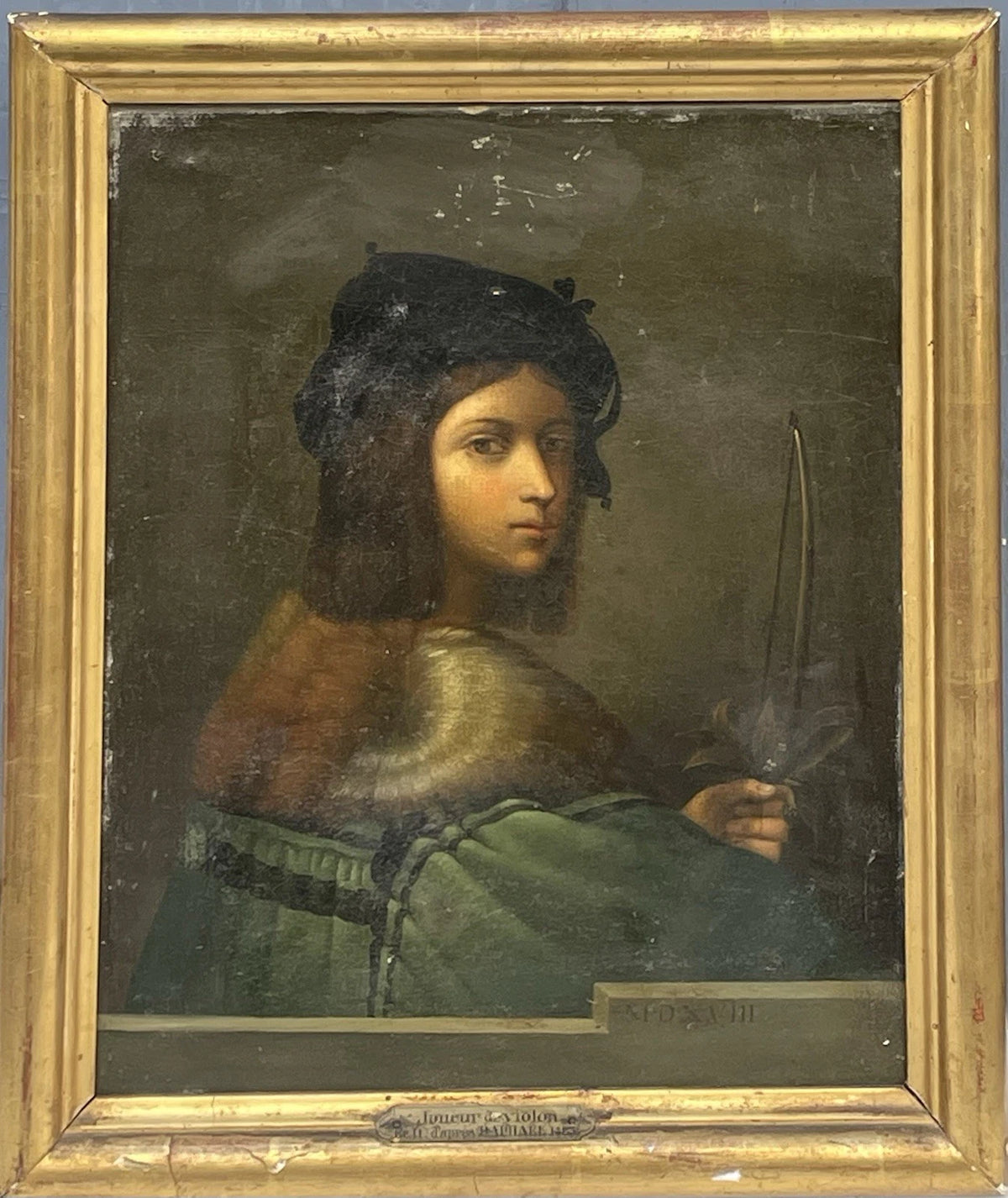 Tableau Ancien Huile Portrait Joueur de Violon Homme Renaissance Raphael XIXe