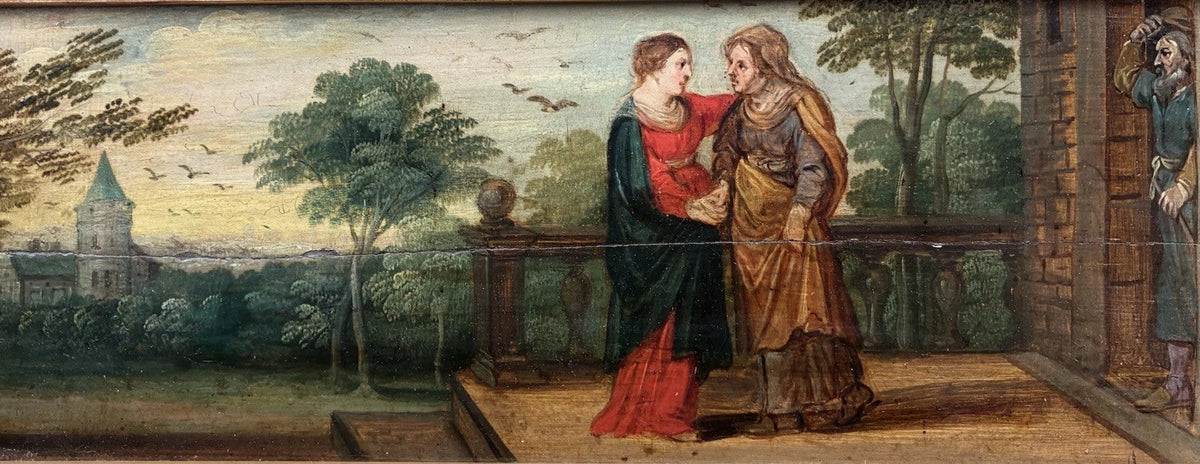 Tableau ancien huile scène religieuse La Vierge en visite chez Anne Début XVIIe