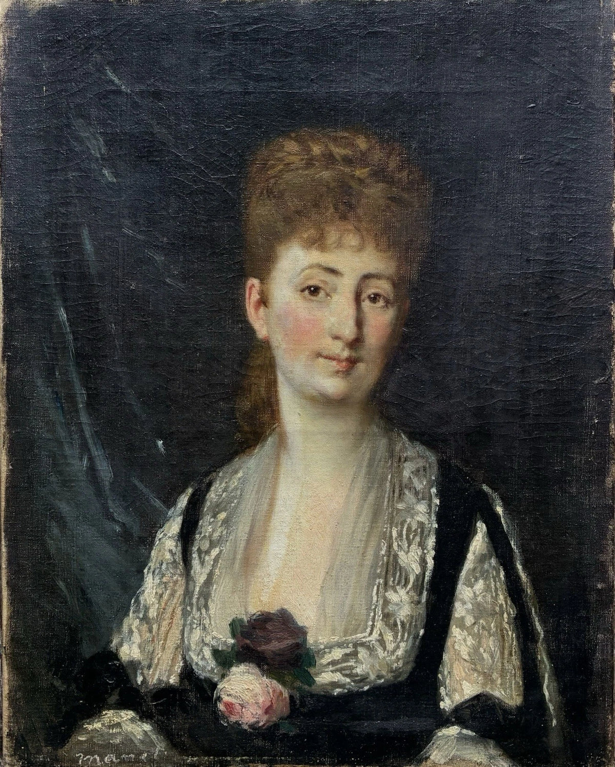Tableau Ancien 19ème Portrait Femme Fleur Peinture Edouard Manet Impressionniste