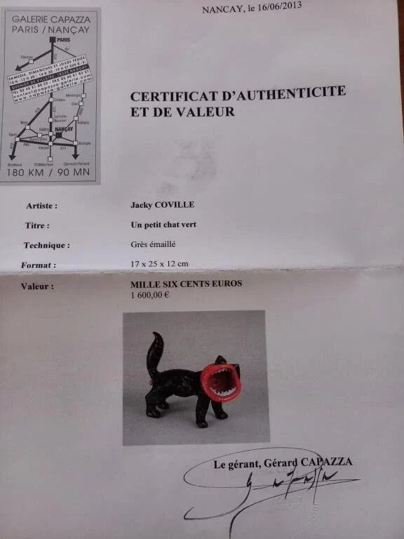 Sculpture Grès émaillé de Jacky COVILLE intituléé Un petit chat vert