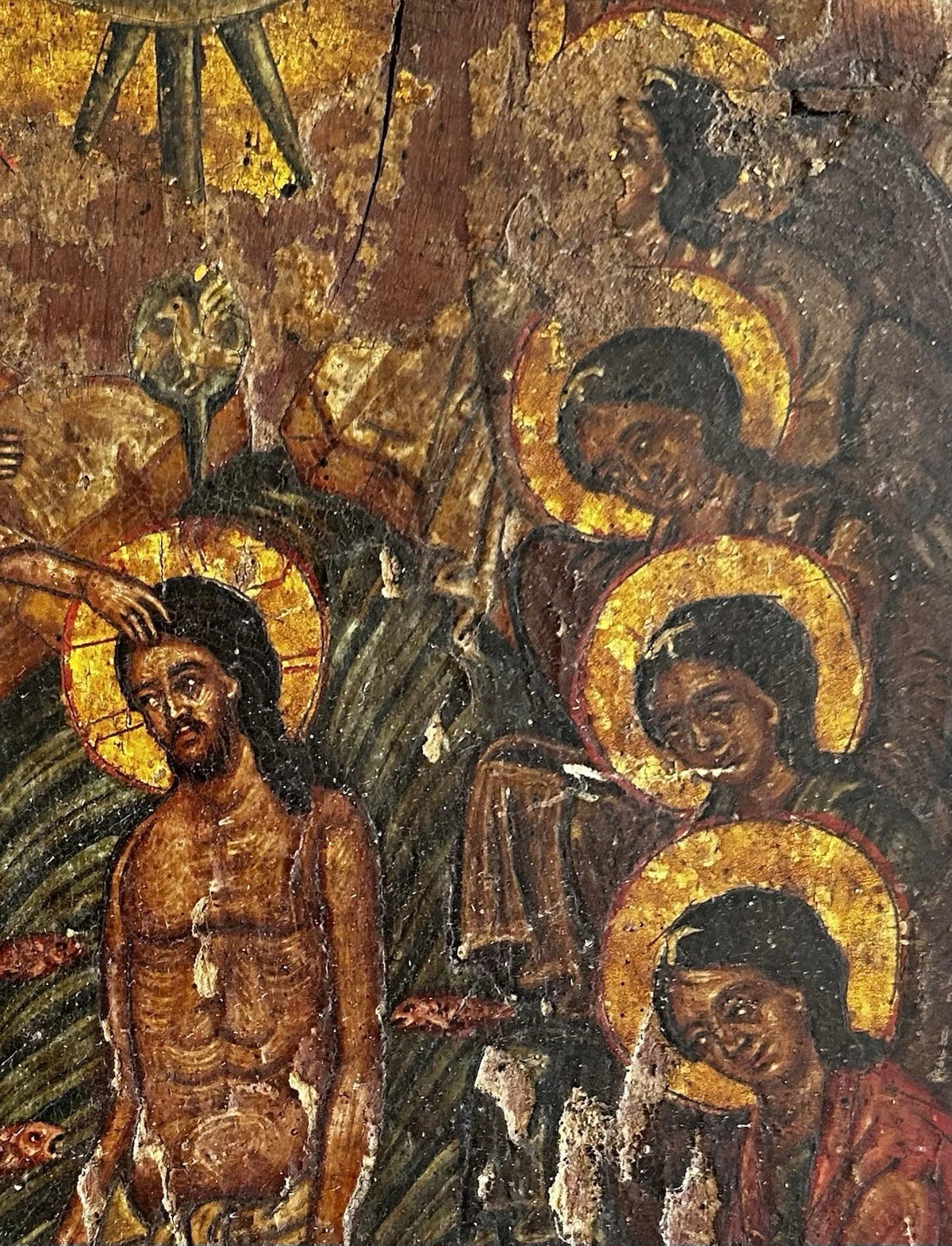 Ancienne Icône Religieuse Baptême Jésus Christ Peinture Tempera Doré Crête 17ème