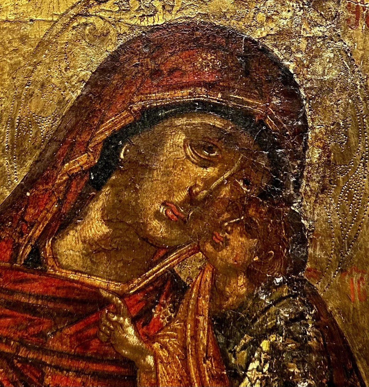 Ancienne Icône Russe Orthodoxe Portrait Vierge Enfant Jésus Peinture Religieuse