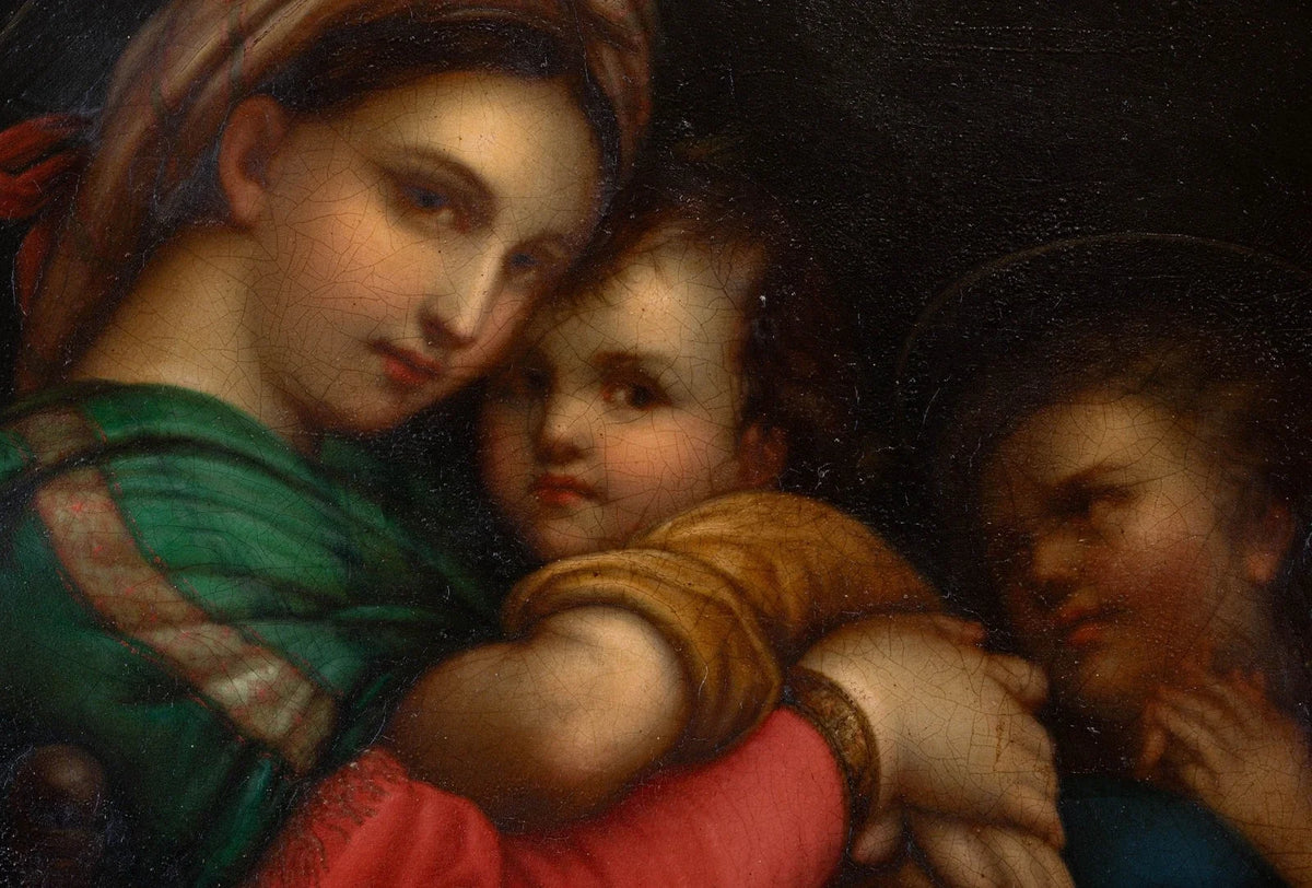 XIXème Huile Tondo sur cuivre d'après le vieux maître italien Raphaël  Cadre doré ancien