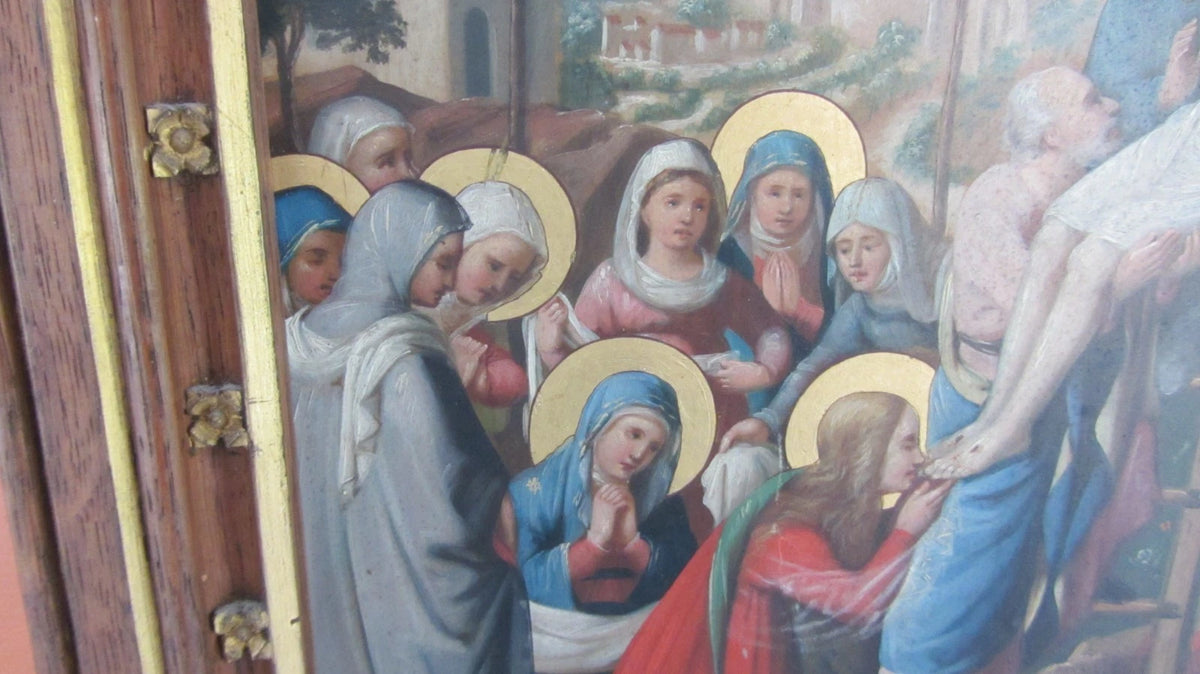 tableau, Huile sur PANNEAU ZINC , Scène Religieuse , Descente De Croix , 19eme
