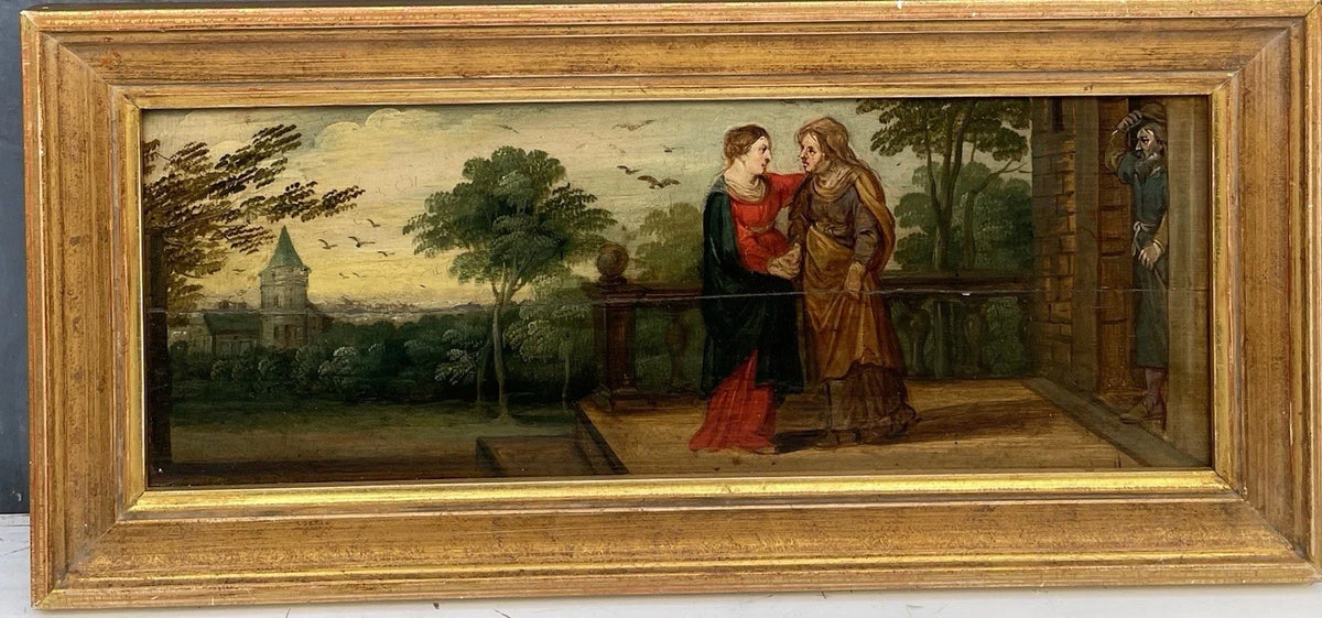 Tableau ancien huile scène religieuse La Vierge en visite chez Anne Début XVIIe
