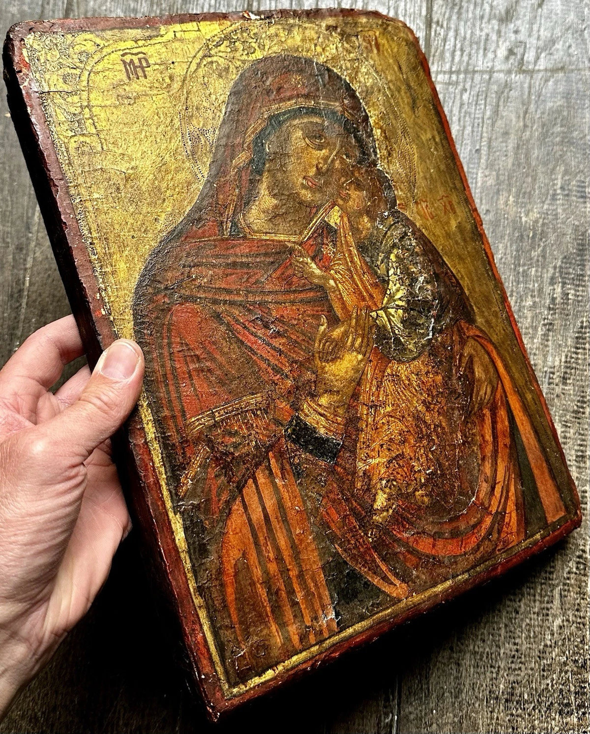 Ancienne Icône Russe Orthodoxe Portrait Vierge Enfant Jésus Peinture Religieuse