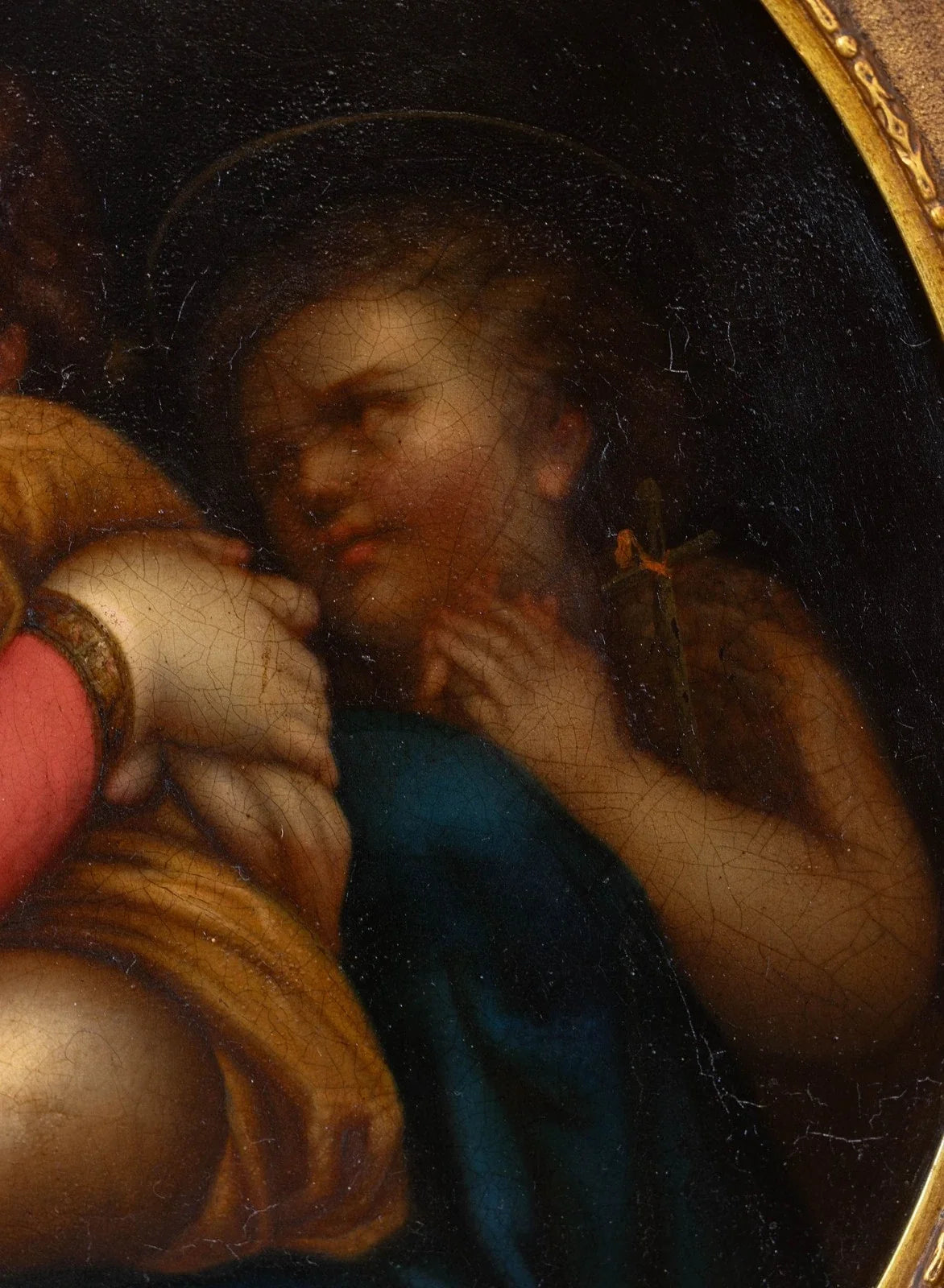 XIXème Huile Tondo sur cuivre d'après le vieux maître italien Raphaël  Cadre doré ancien