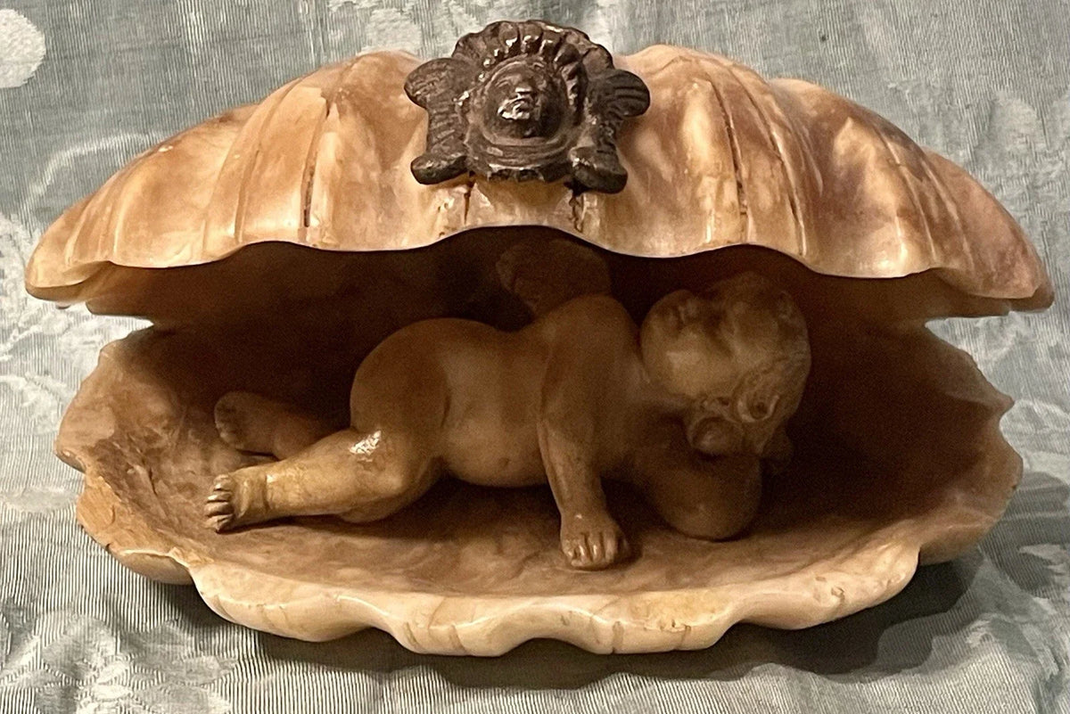 Sculpture 19ème XIXème Albâtre Grand Tour Angelot Putto Coquille Collection Rare