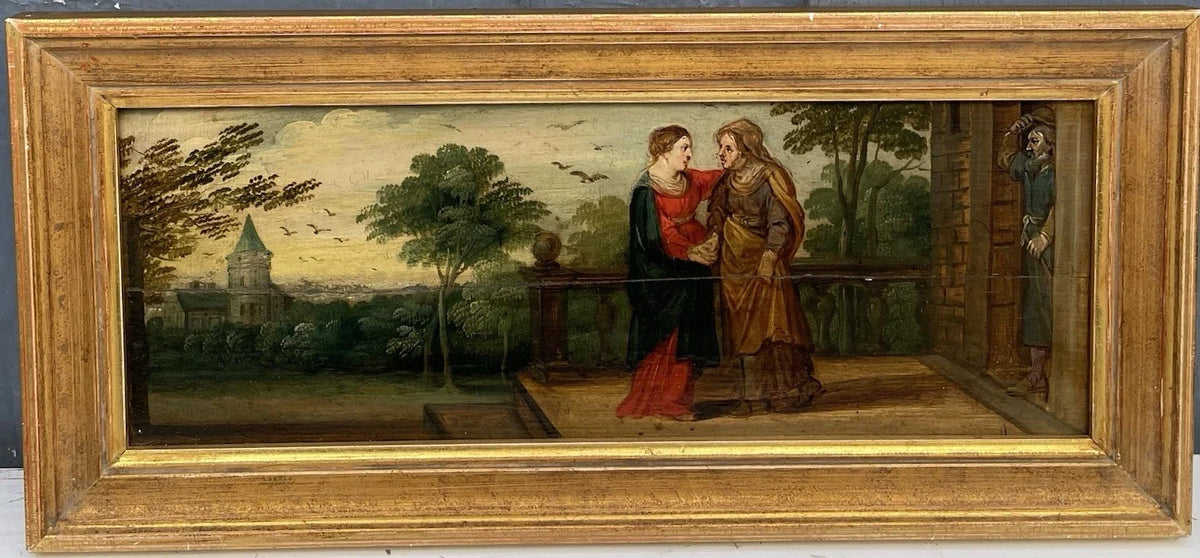 Tableau Ancien Huile Scène Religieuse La Vierge en Visite Chez Anne Début XVIIe