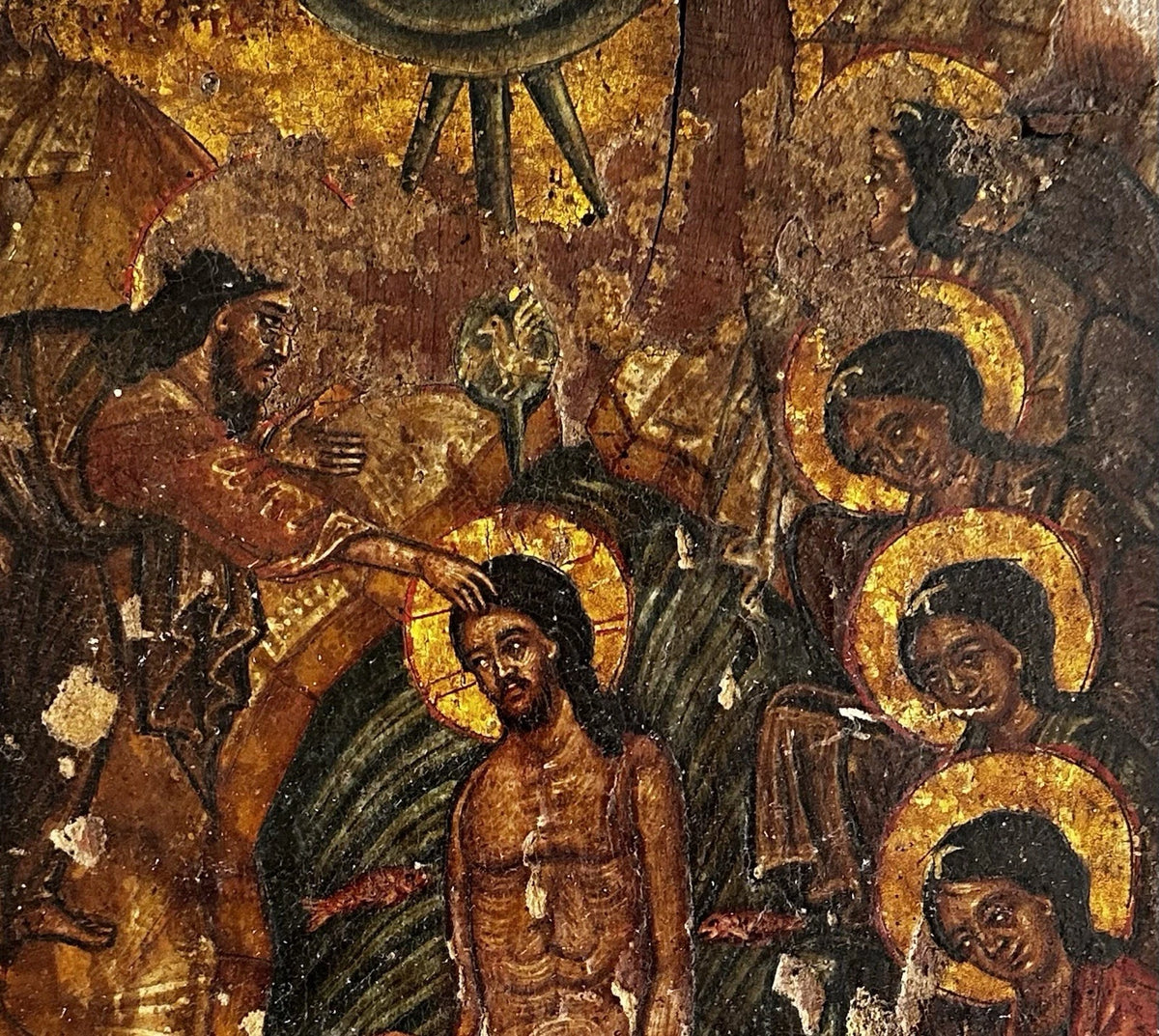 Ancienne Icône Religieuse Baptême Jésus Christ Peinture Tempera Doré Crête 17ème