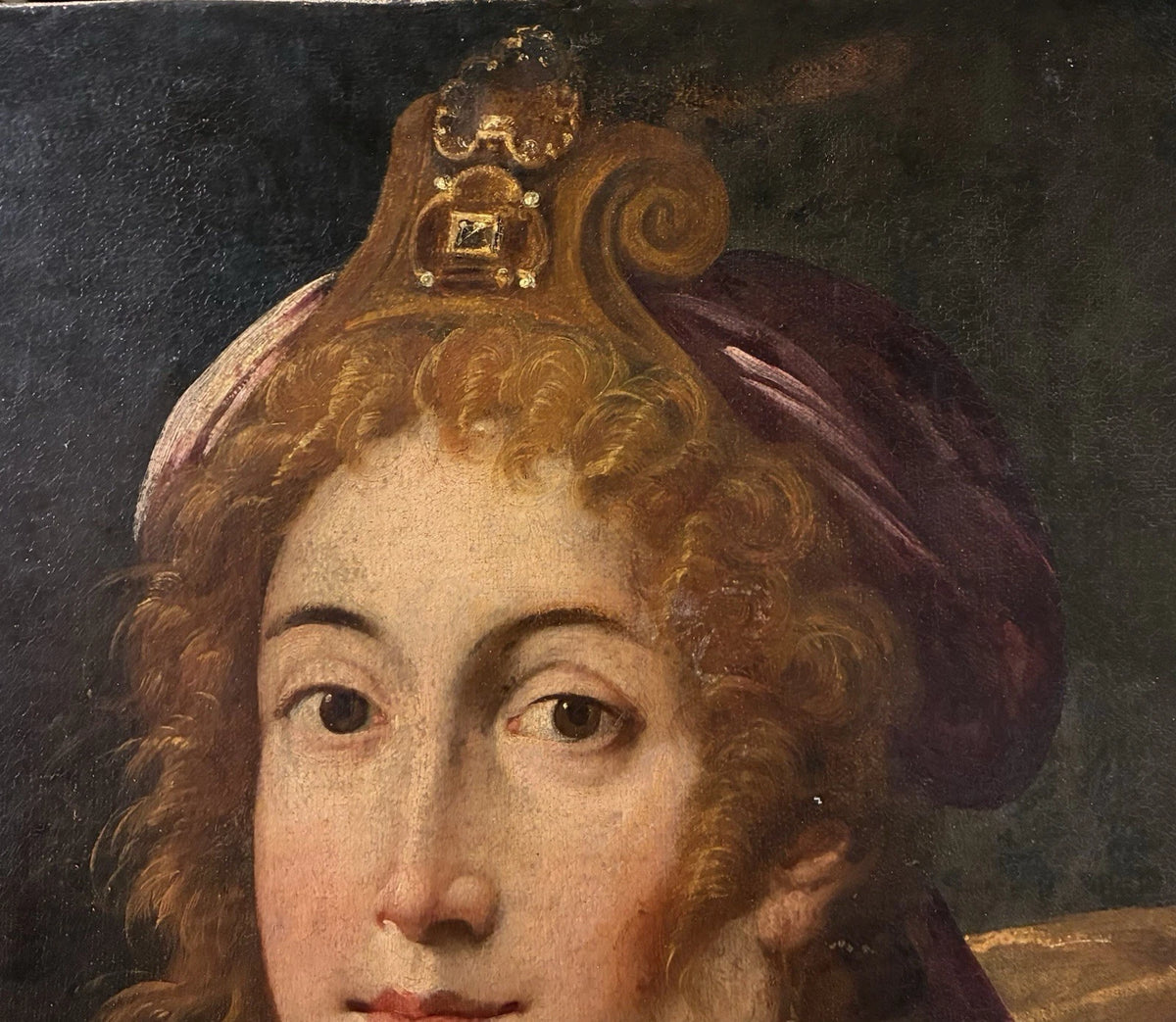 Tableau Ancien Huile Portrait Femme Reine Bijoux Renaissance Fontainebleau XVIe