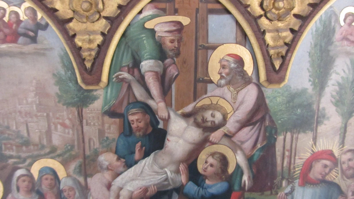 tableau, Huile sur PANNEAU ZINC , Scène Religieuse , Descente De Croix , 19eme