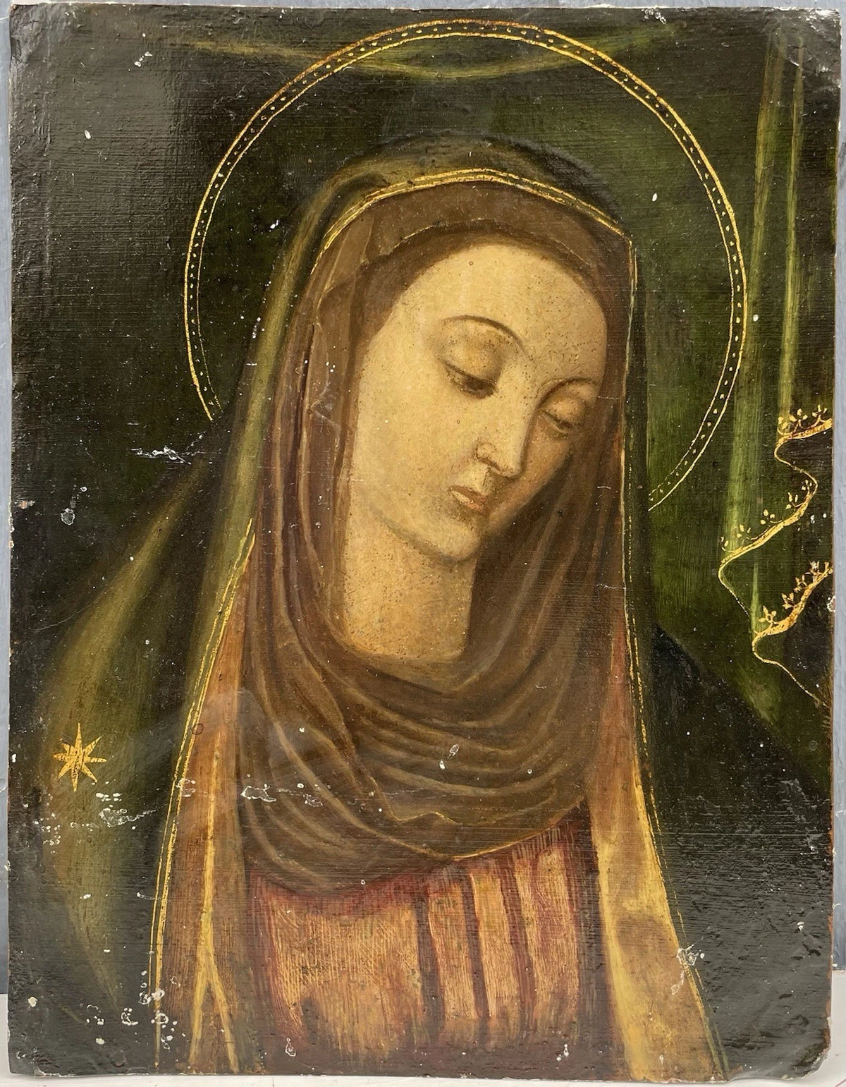 Tableau Religieux Ancien Huile Cuivre Portrait Vierge Renaissance XVIe-XVIIe