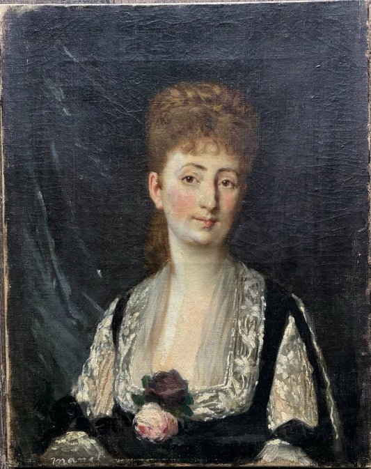 Tableau Ancien 19ème Portrait Femme Fleur Peinture Edouard Manet Impressionniste