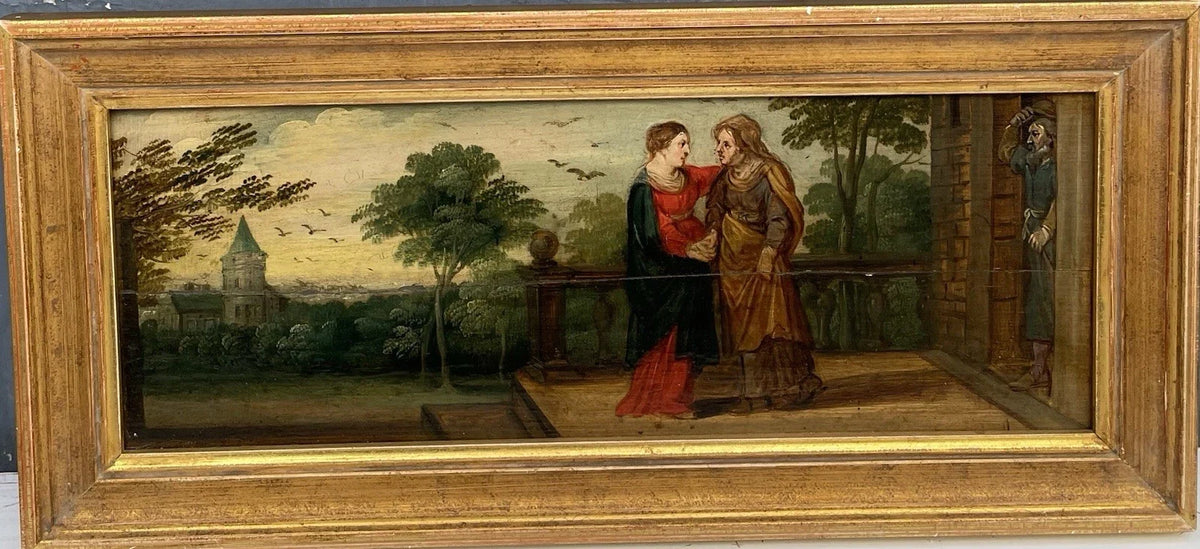 Tableau ancien huile scène religieuse La Vierge en visite chez Anne Début XVIIe