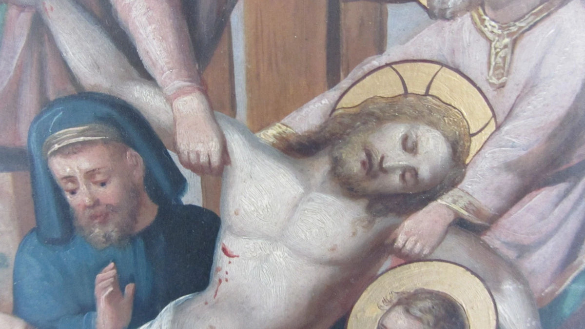 tableau, Huile sur PANNEAU ZINC , Scène Religieuse , Descente De Croix , 19eme