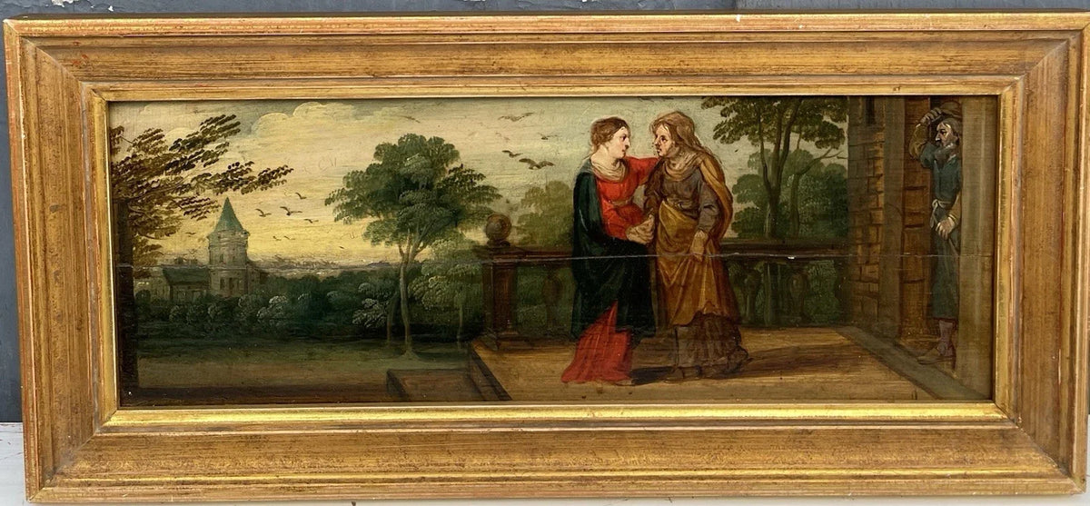 Tableau Ancien Huile Scène Religieuse La Vierge en Visite Chez Anne Début XVIIe