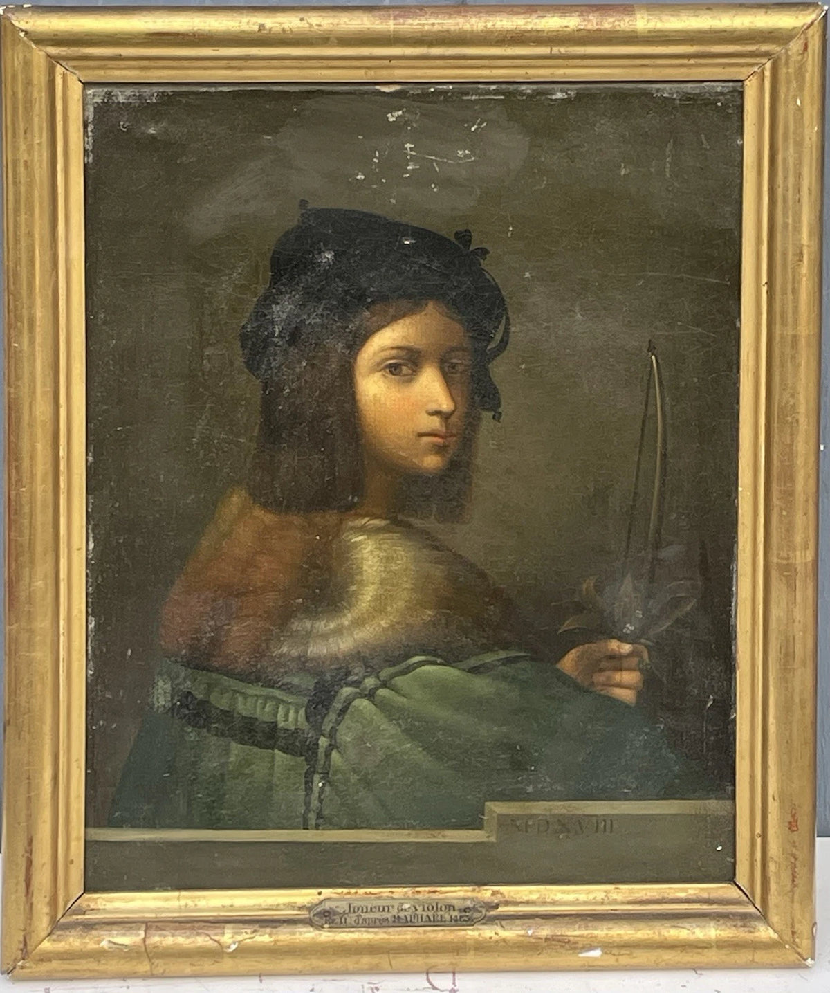 Tableau Ancien Huile Portrait Joueur de Violon Homme Renaissance Raphael XIXe