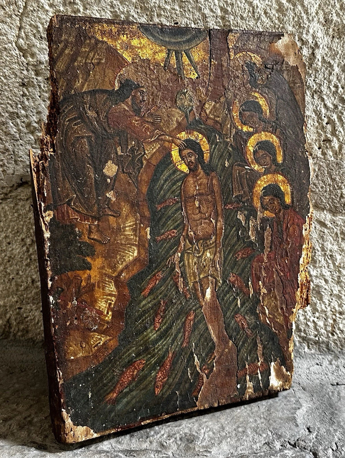 Ancienne Icône Religieuse Baptême Jésus Christ Peinture Tempera Doré Crête 17ème