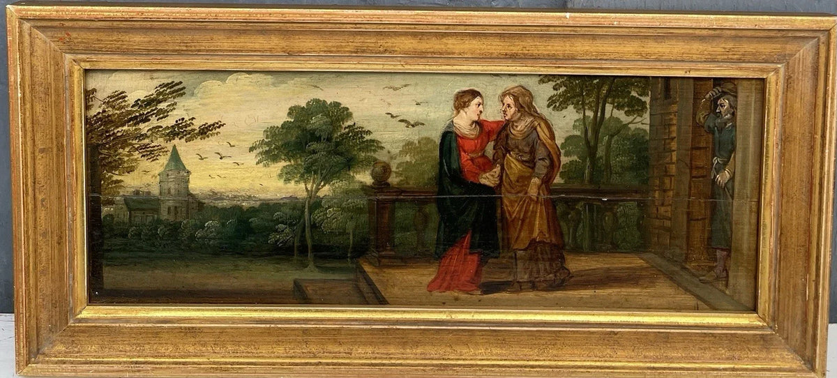 Tableau ancien huile scène religieuse La Vierge en visite chez Anne Début XVIIe