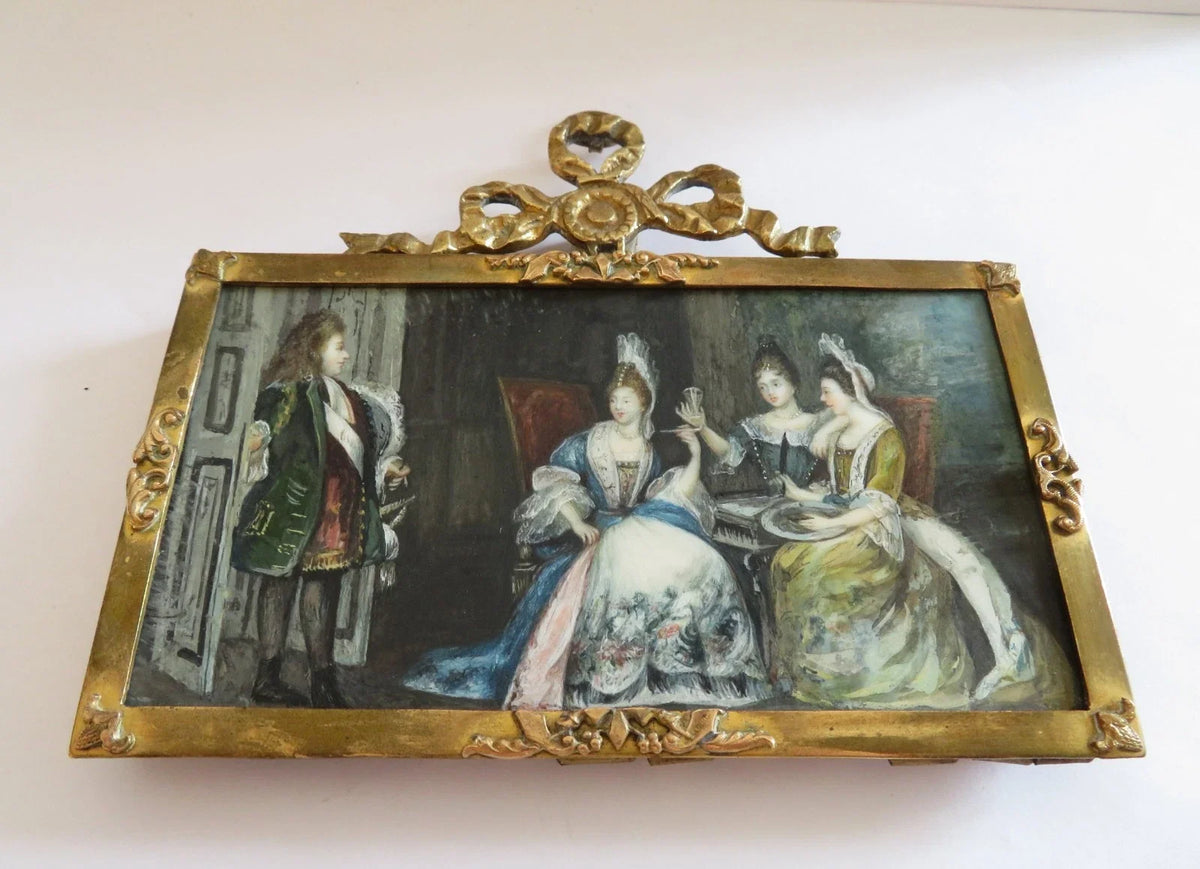 Belle MINIATURE XIXe, dans le gout du XVIIIe. Scène d'intérieur. CADRE en BRONZE