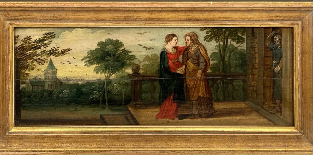 Tableau Ancien Huile Scène Religieuse La Vierge en Visite Chez Anne Début XVIIe