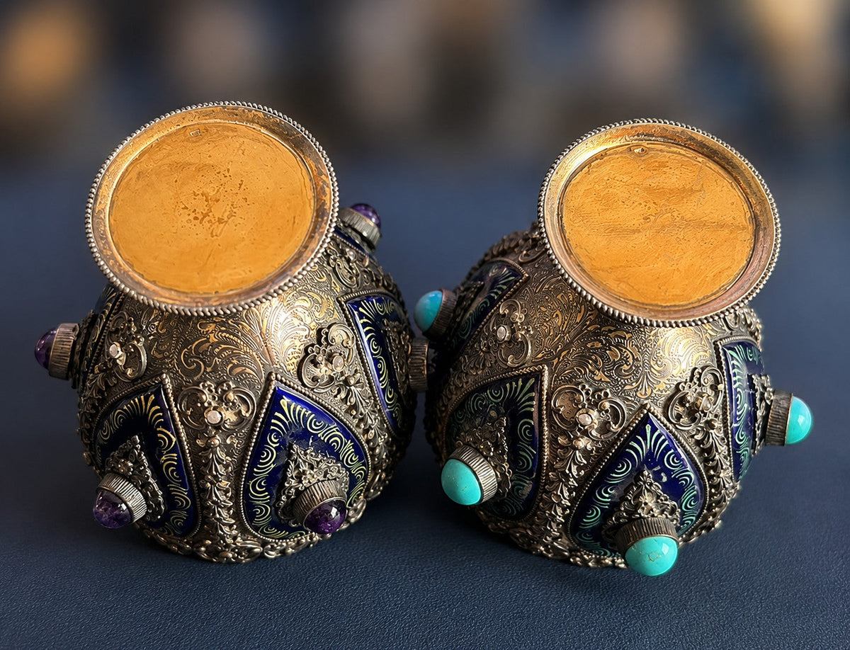 Calice argent massif 925 émaux bleu cobalt cabochons améthyste perles fines